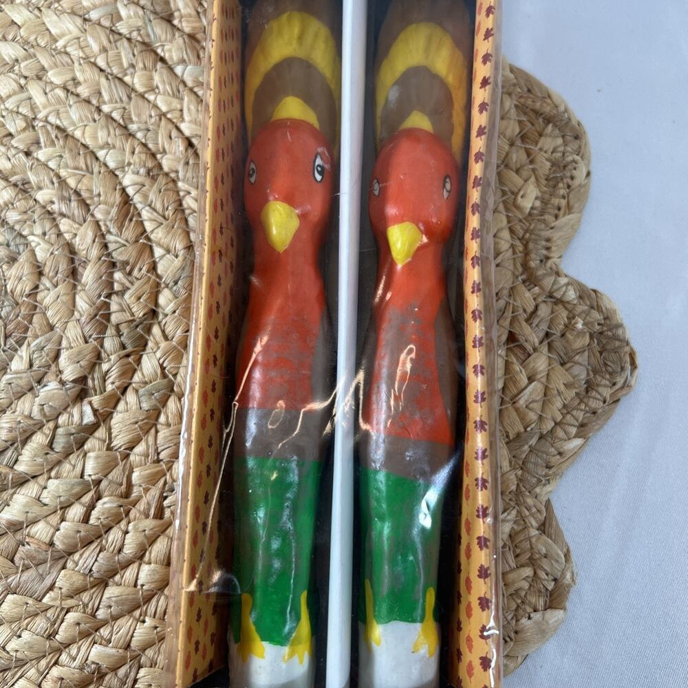 Vintage Turkey Thanksgiving Taper Candles Pair Set of 2 Fall Decor Colorful
